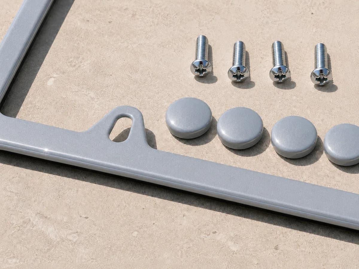 Brooklyn Grey plate frame up close — frame, screw caps, and hardware