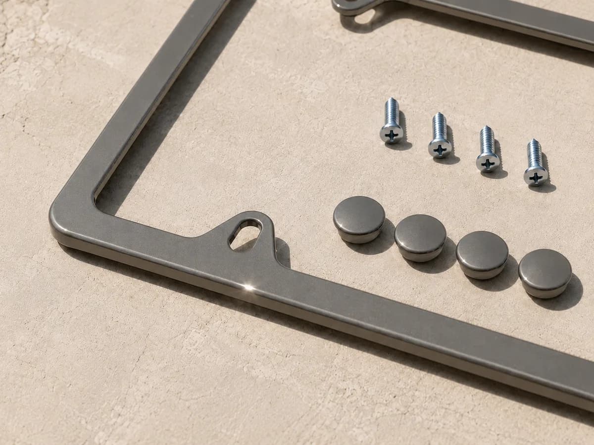 Dravit Grey plate frame up close — frame, screw caps, and hardware
