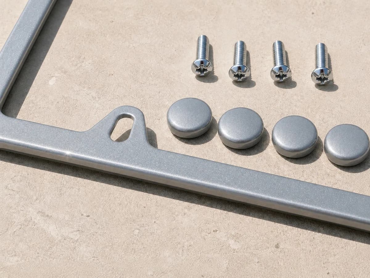 Skyscraper Grey plate frame up close — frame, screw caps, and hardware