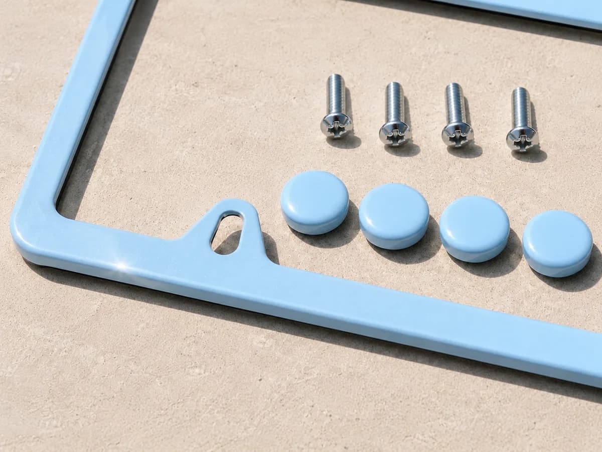 Zandvoort Blue plate frame up close — frame, screw caps, and hardware
